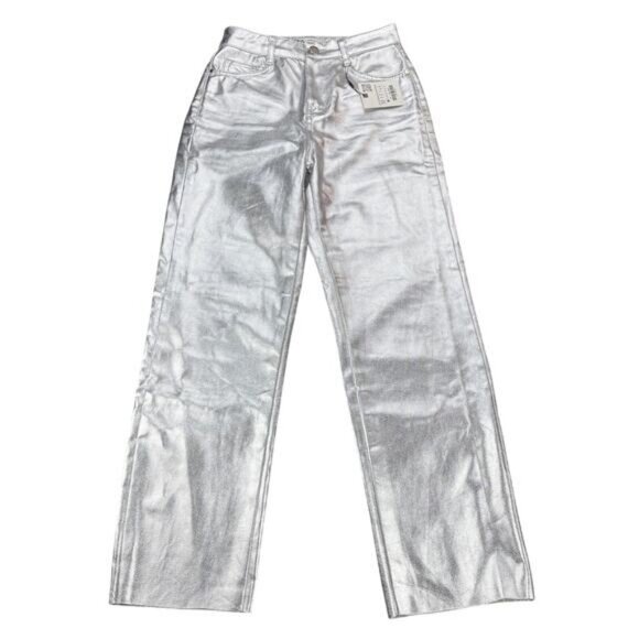 NWT ZARA High Rise Straight Cut Metallic Foil Jeans Size 0 Silver - Picture 2 of 5